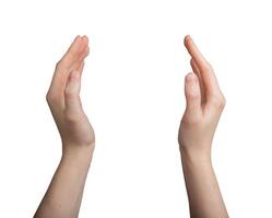 Hand showing something between two hands, palms, care gesture, isolated on white background photo