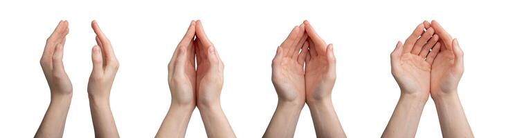 Hands gesturing, process from open to closing arms, fingers, isolated on white background photo