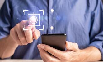 Using mobile phone, finger clicking on button, ai digital technology photo