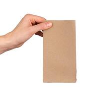 Kraft brown beige bag mockup in hand. Holding paper pouch, isolated on white photo