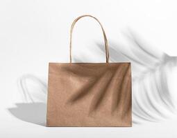 Kraft brown paper bag, shopping pack, palm leaf shadow photo