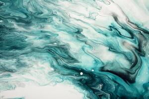 Fluid Art. Liquid transparent white and turquoise abstract paint drips and wave. Marble effect background or texture photo
