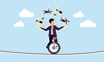 HR oversees people management, fostering diversity, inclusion, recruitment, career development, concept of The adept businessman-manager juggles team diversity while skillfully balancing on a unicycle vector