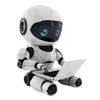 Futuristic Robot working on laptop on transparent background png