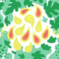 Green figs fruits, leaves and abstract shapes. flat seamless pattern in pastel colors on white background. vector