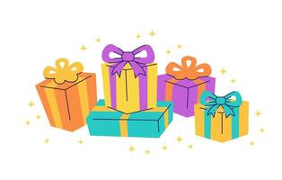 Pile of beautiful gift boxes of different colors and sizes. illustration isolated on white background. vector