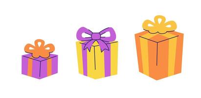 Three gift boxes in a row small to large. Size increase or compare. flat illustration isolated on white background. vector