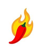 Red chili pepper over a flame icon. Hot or spicy consept. Flat color illustration isolated on white background. vector