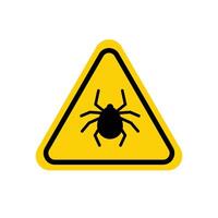 Tick warning sign. Yellow triangle with black mite silhouette in line frame. isolated on white. vector