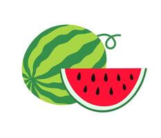 Fresh watermelon whole and half-round slice. flat illustration isolated on white background. vector