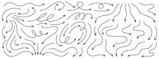 Big hand drawn thin line arrows set. curvy and wavy arrows and arrows bunches isolated on white background. vector