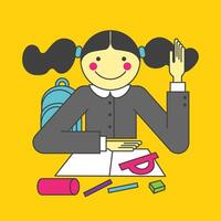 Smart little girl putting up her hand in class to answer a question. Flat illustration on yellow background. vector