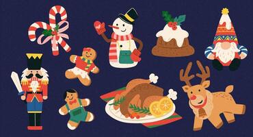 Collection of Christmas food and toy elements in flat style, isolated on blue background. vector