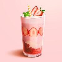 A glass of strawberry yogurt smoothie or milkshake in 3d illustration on pink background vector