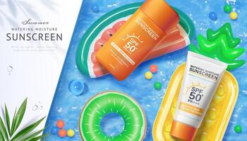 3d sunscreen ad template in sunbathing theme. Top view of plastic mock-ups lying on fruit shaped lilos and floating on swimming pool water. Concept of summer day skincare. vector