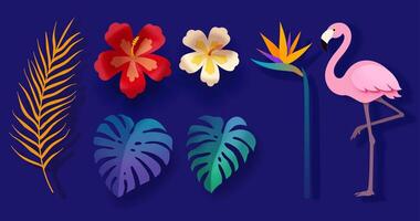 Set of 3d tropical design elements including leaves, flowers and pink flamingo. Colorful paper art collection isolated on blue background. vector