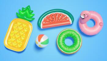 3d swim collection of pool floats, including a beach ball, fruit shape lilo beds, and swimming rings. Summer party elements viewed from above, isolated on blue background. vector