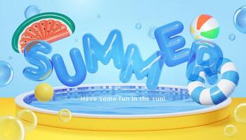 3d abstract summer background design. Suitable for seasonal sale or activity promotion. Composition of cute letter balloon and swim objects floating above a round swimming pool. vector