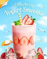 3d strawberry yogurt smoothie ad. A glass of milkshake with cut strawberries and ice cubes on sky background vector