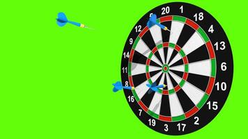 Five blue darts hit the board and miss, red dart hits the center of the target against green background. 3D Animation video