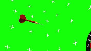 Camera follows the dart that hits the center of the target against a green background with crosses. 3D Animation video