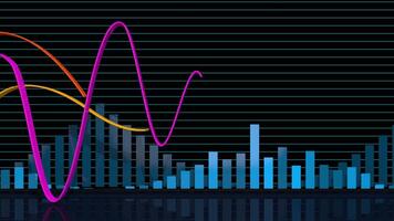 financiero grafico de interminable barras en azul y líneas en amarillo, naranja y magenta en contra negro antecedentes. lazo secuencia. 3d animación video