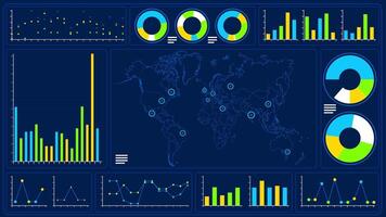 Screen with financial graphs of bars and lines in yellow, light blue and green, with a world map in the middle against a dark blue background. Loop sequence. 3D Animation video