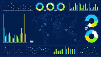 Screen with financial graphs of bars and lines in yellow, light blue and green, with a world map in the middle against a dark blue background. Loop sequence. 3D Animation video