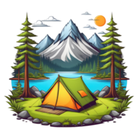 camping tente dans le montagnes avec des arbres et rochers png
