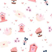 Valentine s day pattern with cute doves, letterboxes and keys. Hand drawn illustration vector