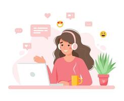 mujer trabajando con computadora, hogar oficina, estudiante o persona de libre dedicación. cliente servicio, llamada centrar y apoyo. linda concepto ilustración en plano estilo vector