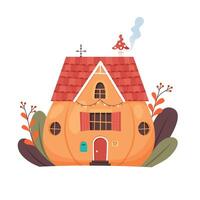 Pumpkin house. Orange pumpkin with roof, windows and door. Cute fantasy illustration vector