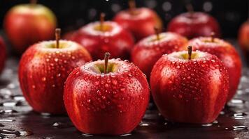 Many ripe juicy red apples covered with water drops photo