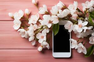 White smartphone mockup on a wood background with a flowering branch. Device screen mockup. photo