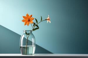 Orange lilies in a glass vase against a blue wall. Minimalism. Generated by artificial intelligence photo