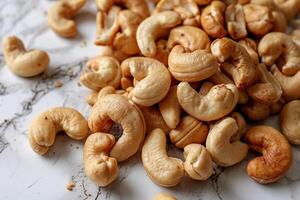 Horizontal background with cashew nuts close-up. Healthy snack. Banner. Generated by artificial intelligence photo