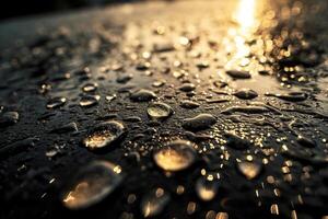 Close-up of water drops on a black surface with blur. Horizontal abstract background. Generated by artificial intelligence photo