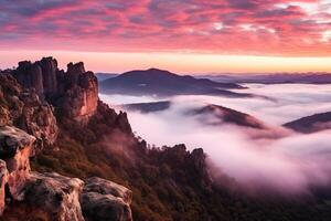 rosado puesta de sol cielo entre montañas y rocas generado por artificial inteligencia foto