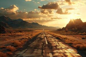 An old asphalt road in the middle of the desert in the light of the sun. Generated by artificial intelligence photo