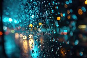 Large drops of rain on the glass or hood of a car with the sky reflected. Generated by artificial intelligence photo