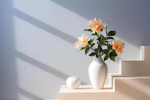 Vase with flowers near the white stairs. Minimalism in the interior. Generated by artificial intelligence photo