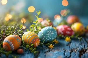 Beautiful decorated Easter eggs on a blue wooden surface. Easter composition, top view. photo