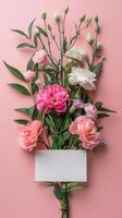 A bouquet of flowers is displayed on a pink background with a white card in the middle photo