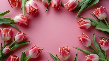 A pink background with a bunch of red and white flowers in the center photo