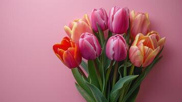 Bouquet of tulisps flower on pink background photo