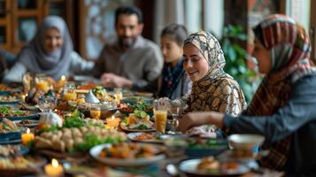 grande musulmán familia teniendo comer juntos en Ramadán, personas contento y disfrutando foto