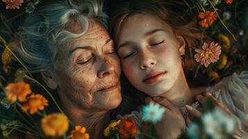 A woman and a young girl are lying in a field of flowers, mother day photo