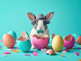 A rabbit wearing a hat and bow tie emerges from the egg with beautiful colorful shells on a flat color background. photo
