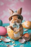 A rabbit wearing a hat and bow tie emerges from the egg with beautiful colorful shells on a flat color background. photo