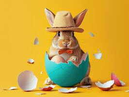 A rabbit wearing a hat and bow tie emerges from the egg with beautiful colorful shells on a flat color background. photo